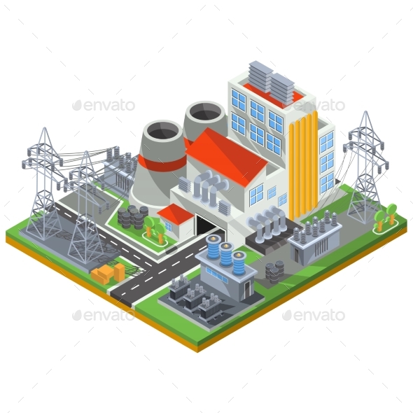 Isometric Illustration of a Thermal Power - Buildings Objects