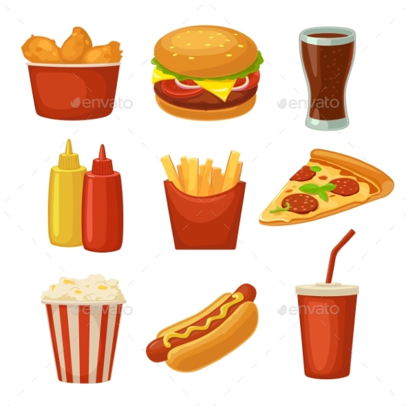 Set Fast Food Icon. Cup Cola, Chips, Burrito - Food Objects