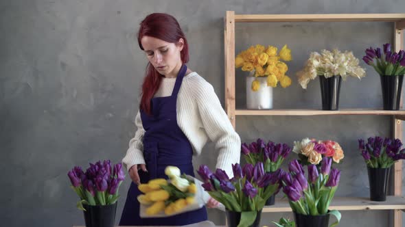 Florist Business Owner at Work Pretty Young Lady Making Trendy Modern Bouquet of Tulips alt