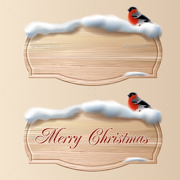 Two Vector Wooden Board with Snow for Greeting - Food Objects