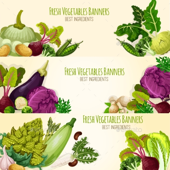 Vegetables and Fresh Veggies Vector Banners Set - Food Objects