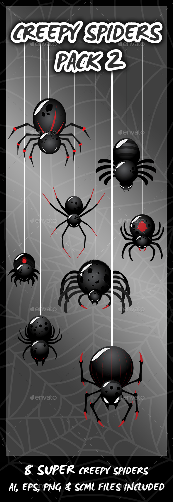 8 Super Creepy Spiders - Sprites Game Assets