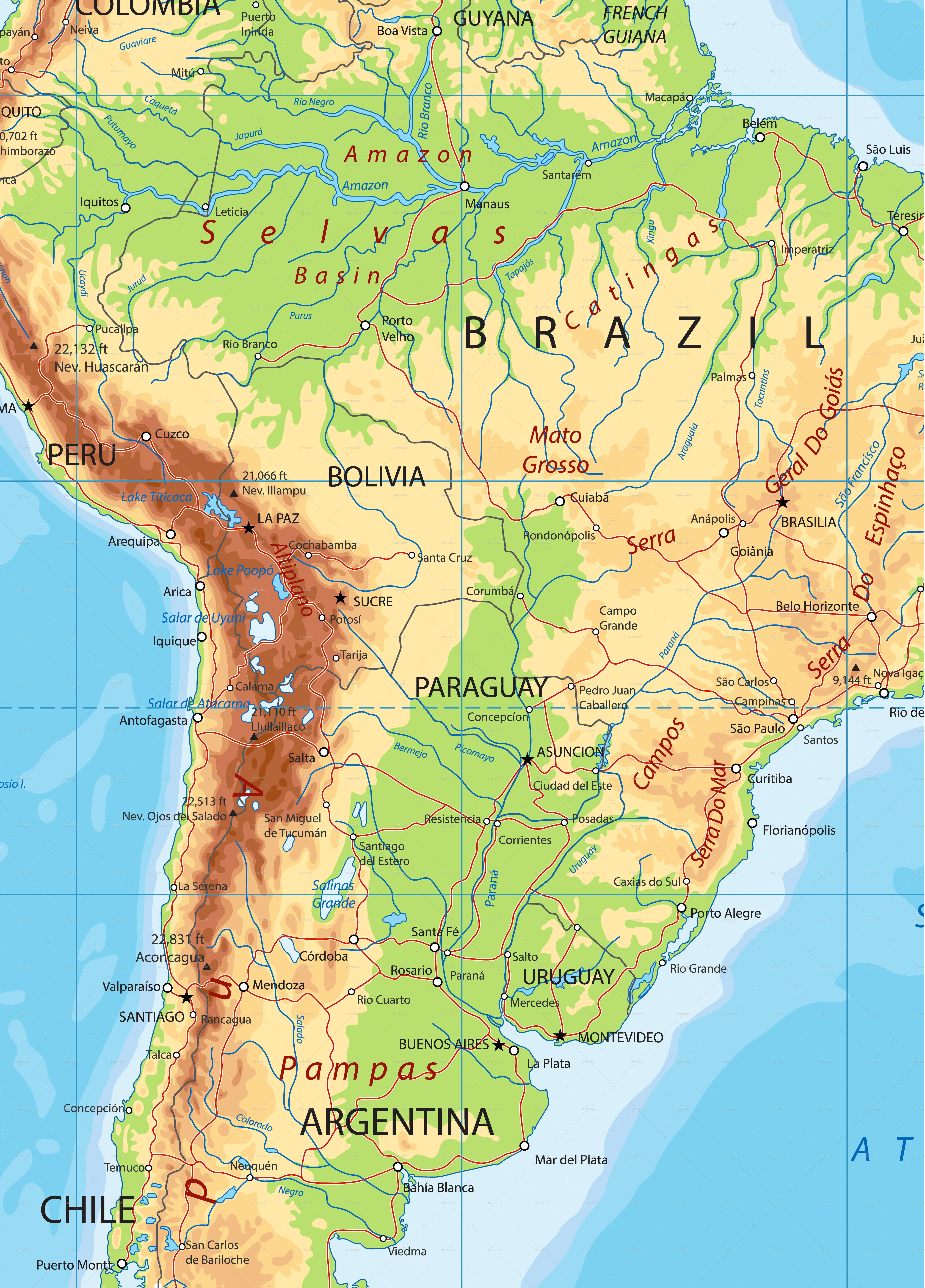 South America Detailed Physical Map By Cartarium Graphicriver
