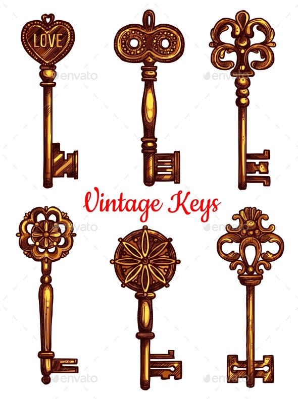 Old Vintage Metal Keys Vector Isolated Icons Set - Decorative Symbols Decorative