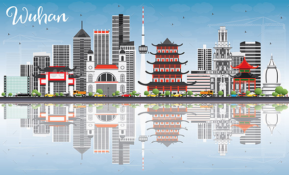Wuhan Skyline with Gray Buildings, Blue Sky and Reflections. - Buildings Objects