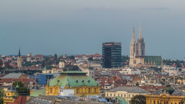 Zagreb Capitol of Croatia Cathedral and Modern Skyscraper with a Old City Panorama Day To Night alt