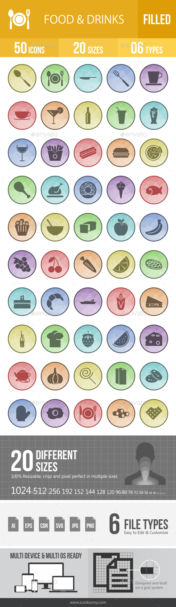 Food & Drinks Filled Low Poly B/G Icons - Icons
