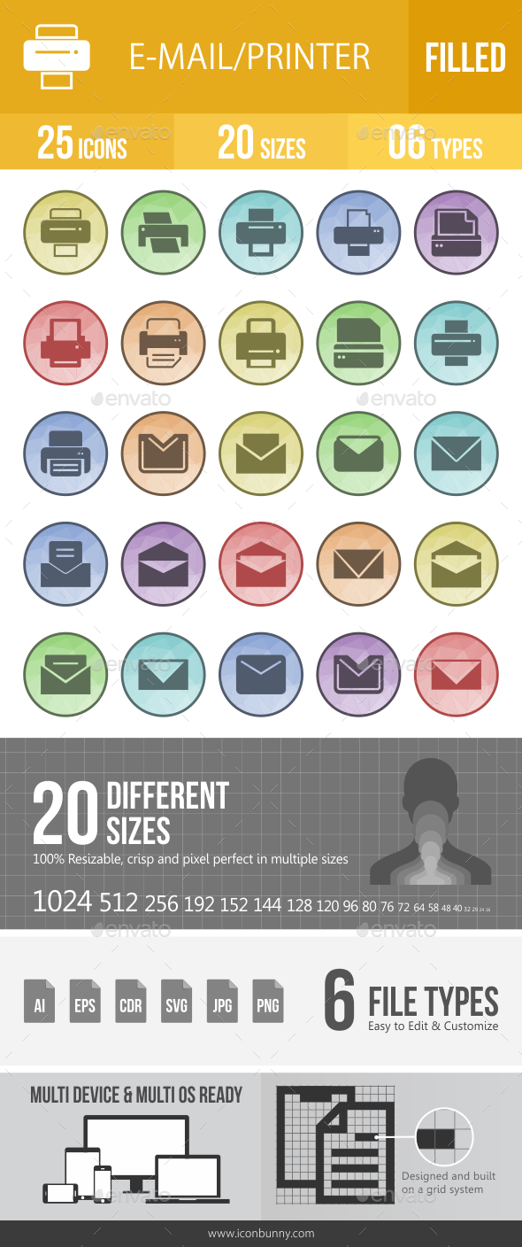 Email & Printer - Technology Filled Low Poly B/G Icons - Icons