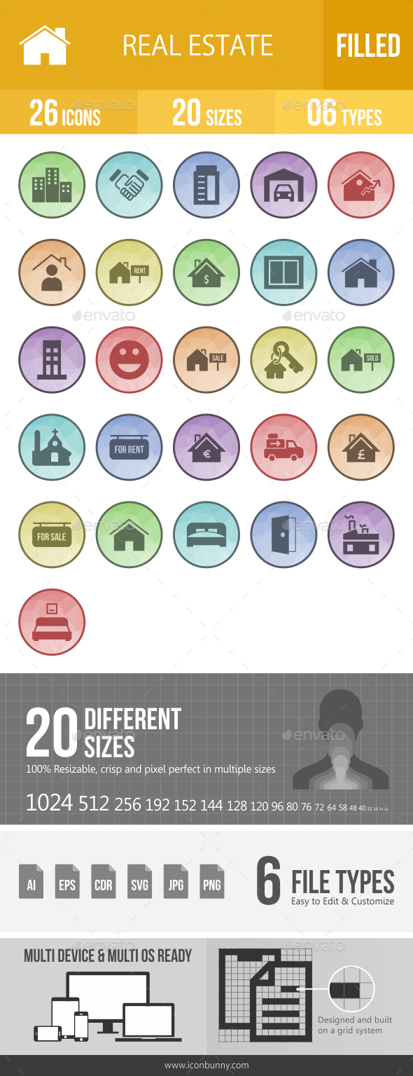 Real Estate Filled Low Poly B/G Icons - Icons