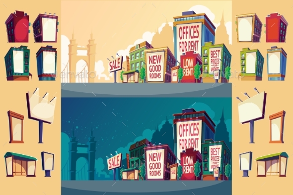 Set Vector Cartoon Illustration of an Urban - Buildings Objects