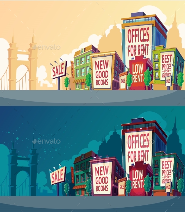 Set Vector Cartoon Illustration of an Urban - Buildings Objects