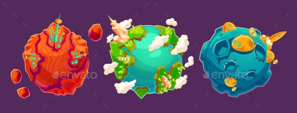 Set of Vector Cartoon Illustrations Fantasy Alien - Buildings Objects