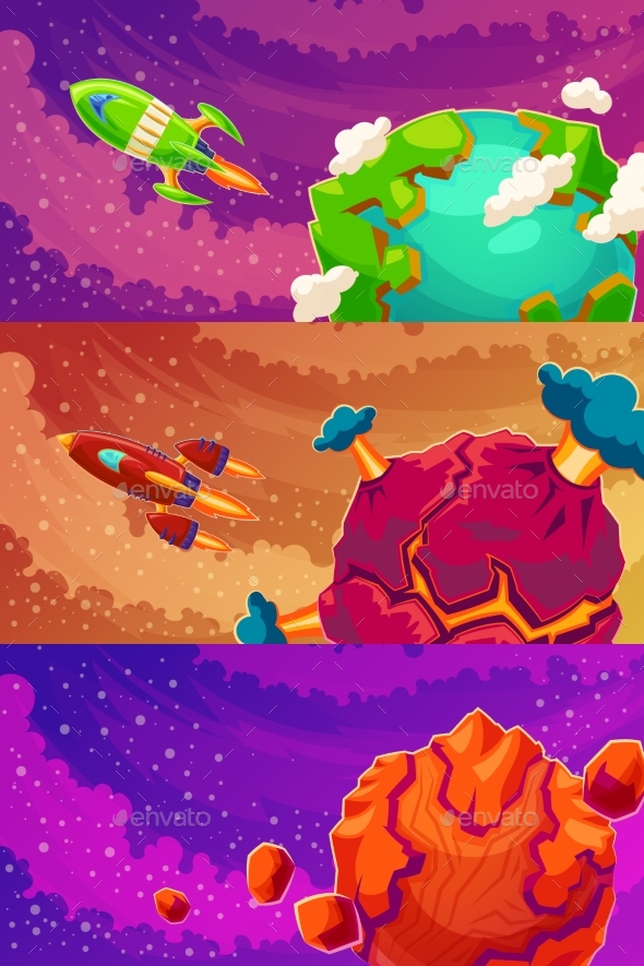 Set of Vector Horizontal Banners with Cartoon - Travel Conceptual