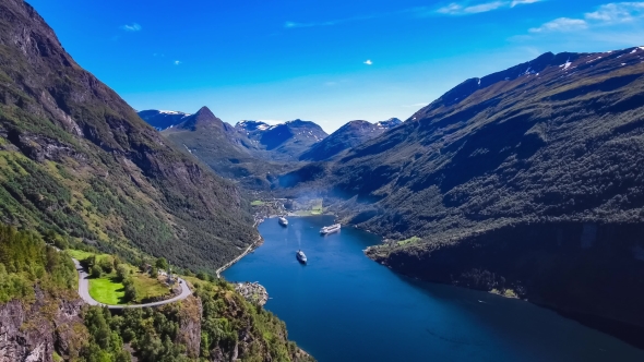 Geiranger Fjord, Beautiful Nature Norway Aerial Footage. alt