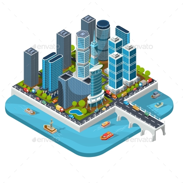 Vector Isometric 3D Illustrations of Modern Urban - Buildings Objects