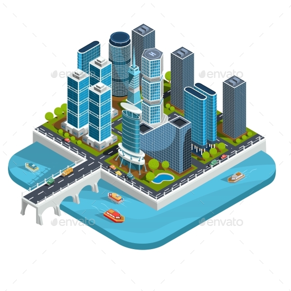 Vector Isometric 3D Illustrations of Modern Urban - Buildings Objects