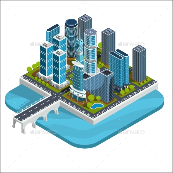 Vector Isometric 3D Illustrations of Modern Urban - Buildings Objects