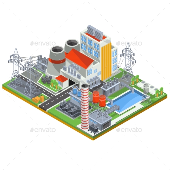 Vector Isometric Illustration of a Nuclear Power - Buildings Objects