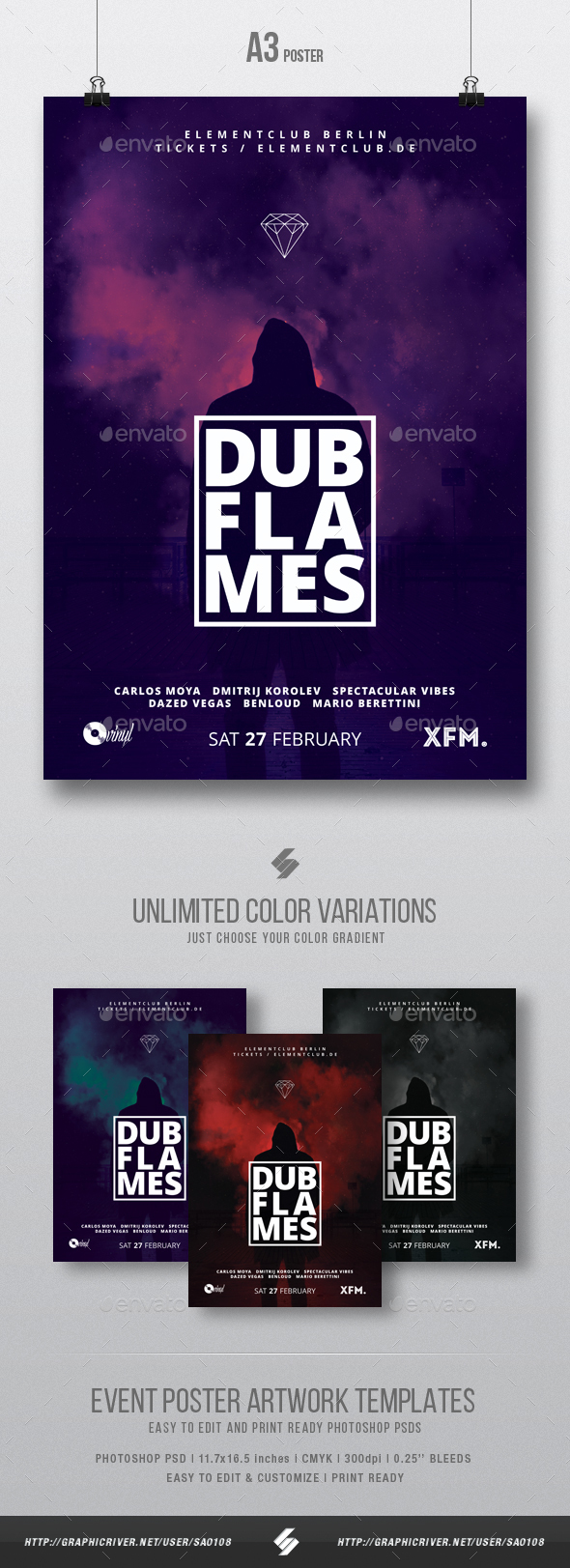 Dub Flames - Dubstep Party Flyer / Poster Template A3 - Clubs & Parties Events