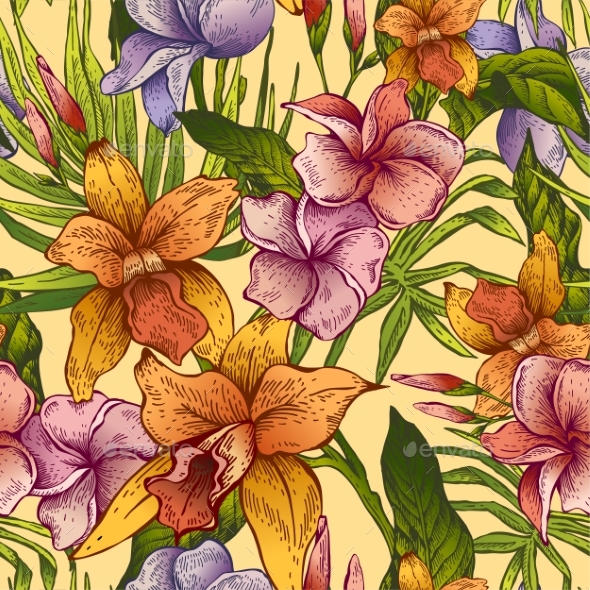 Vector Vintage Floral Tropical Seamless Pattern - Flowers & Plants Nature