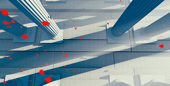 Hall With Roman Columns And Red Sheets alt