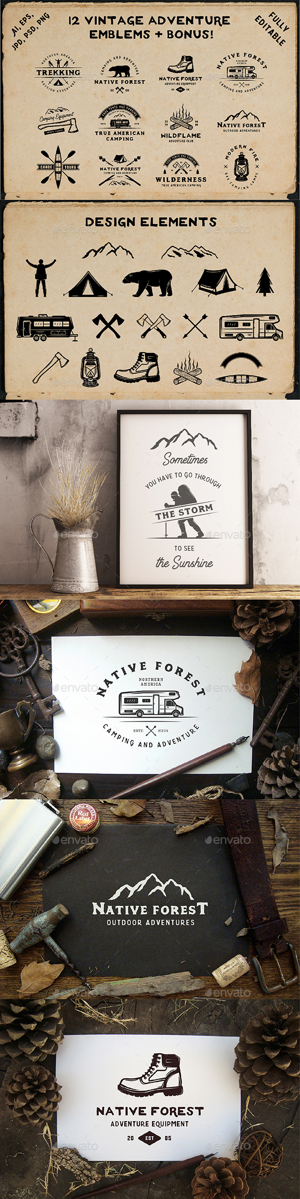 12 Vintage Adventure Emblems - Badges & Stickers Web Elements
