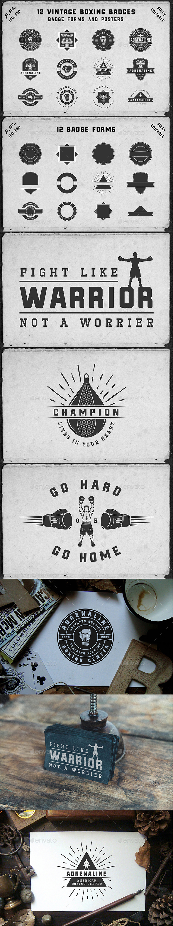 12 Vintage Boxing Badges - Badges & Stickers Web Elements