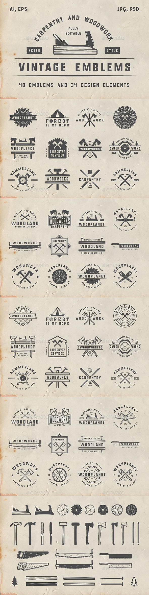 48 Vintage Carpentry Emblems - Badges & Stickers Web Elements