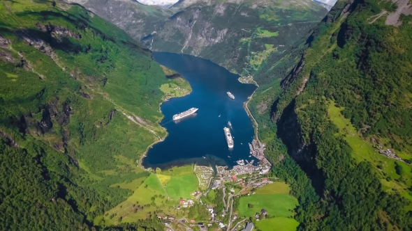 Geiranger Fjord, Beautiful Nature Norway Aerial Footage. alt