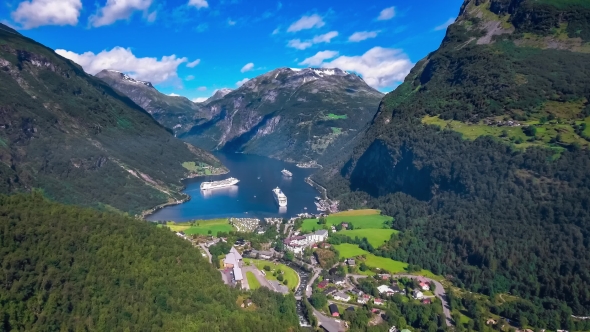 Geiranger Fjord, Beautiful Nature Norway Aerial Footage. alt