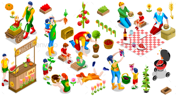 Isometric Family Planting Icon Set Vector Illustration - People Characters