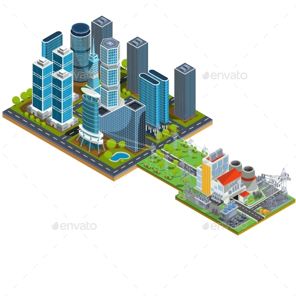 Vector Isometric 3D Illustrations of Modern Urban - Buildings Objects