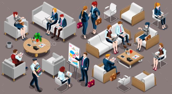 Isometric People Meeting Room Icon 3D Set Vector Illustration - People Characters