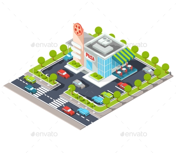 Isometric Illustration of a Modern Restaurant - Buildings Objects