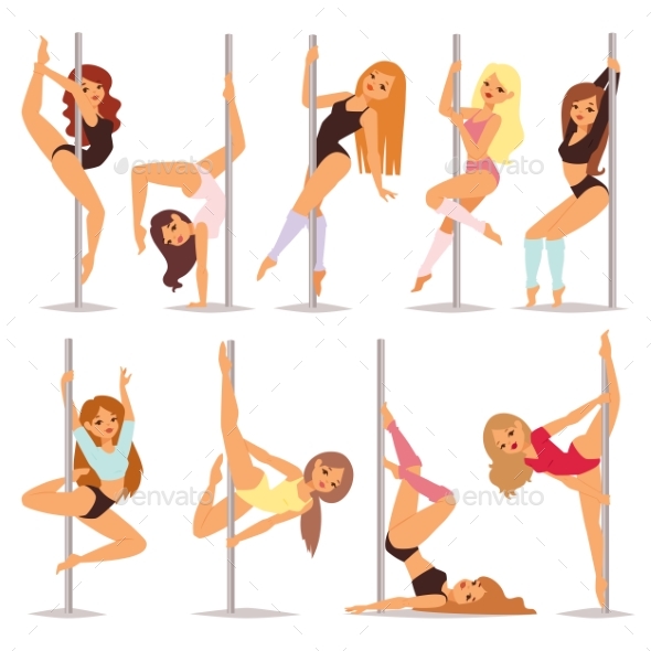 Set of Pole Dance Women Cartoon Style - People Characters