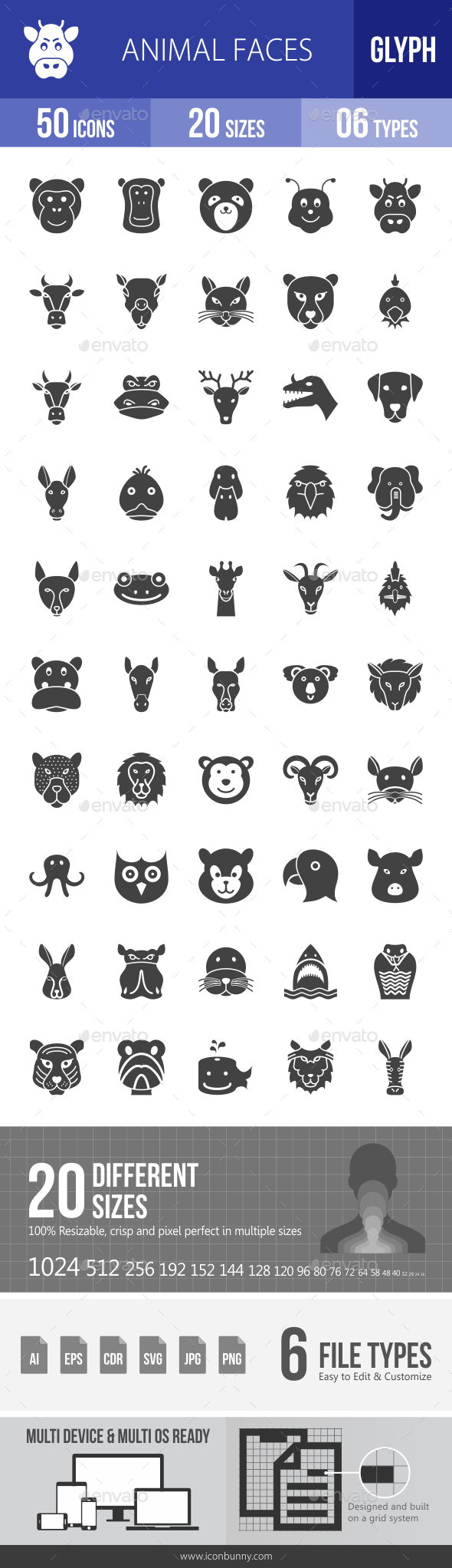 Animal Faces Glyph Icons - Icons