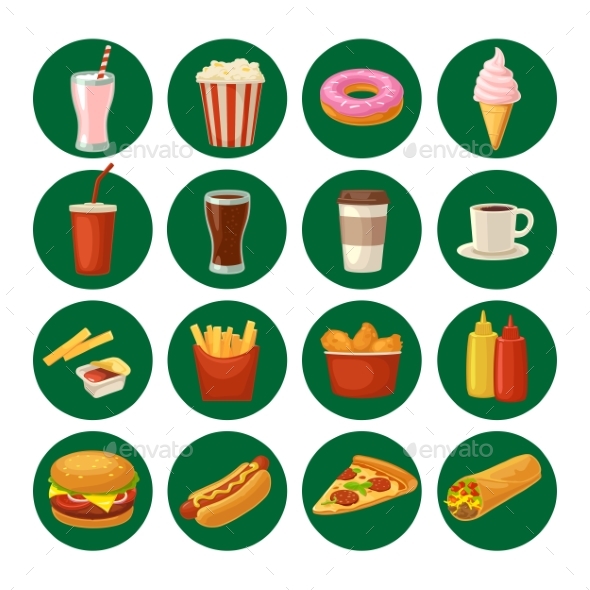 Set Fast Food Icon. Cup Cola, Hamburger, Pizza - Food Objects