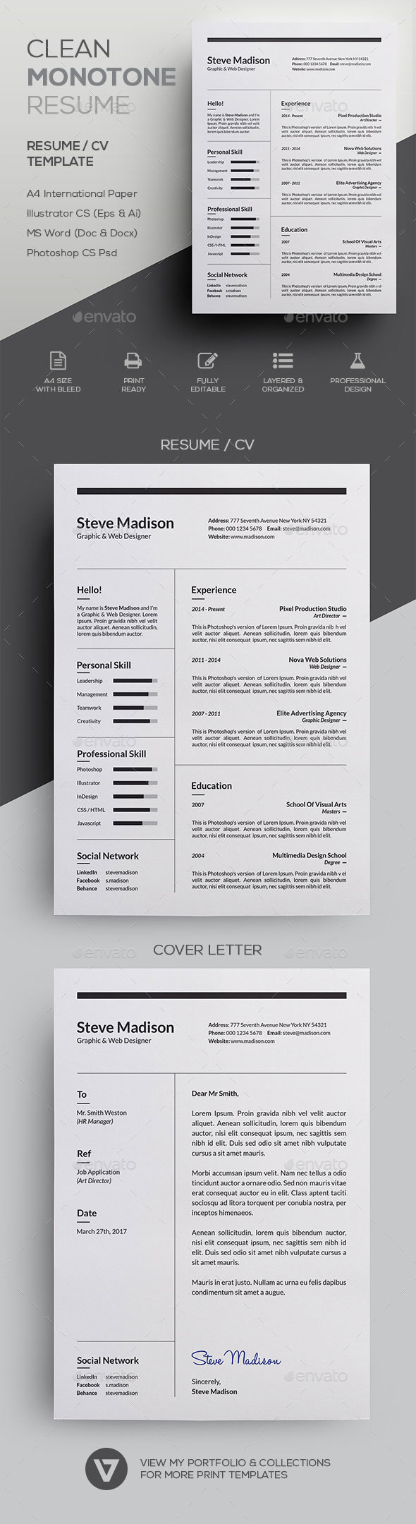 Clean Monotone Resume / CV Template - Resumes Stationery