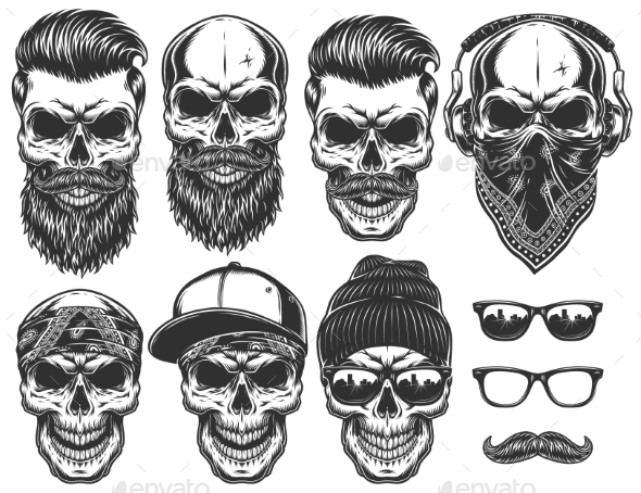 Set of Different Skull Characters - Tattoos Vectors
