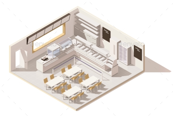Vector Isometric Low Poly Self Service Restaurant - Buildings Objects
