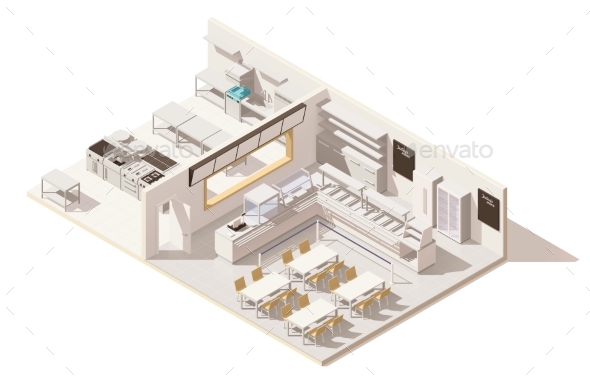 Vector Isometric Low Poly Restaurant with Kitchen - Buildings Objects