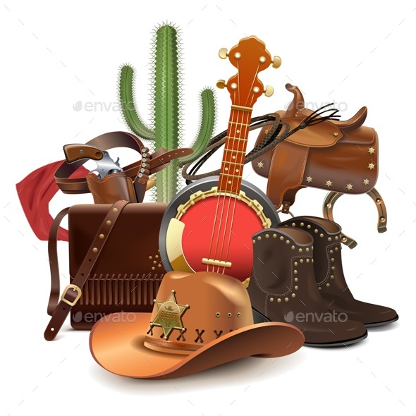 Vector Cowboy Concept with Banjo - Travel Conceptual