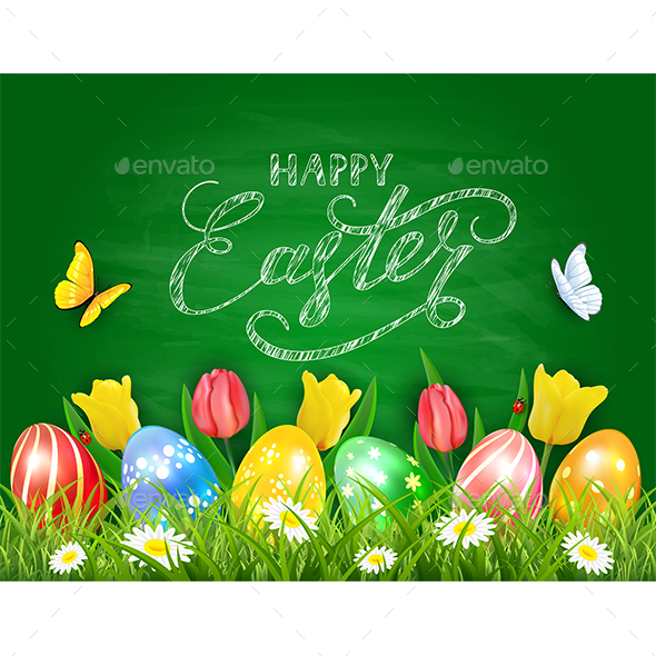 Easter Eggs and Tulips on Green Chalkboard Background - Miscellaneous Seasons/Holidays