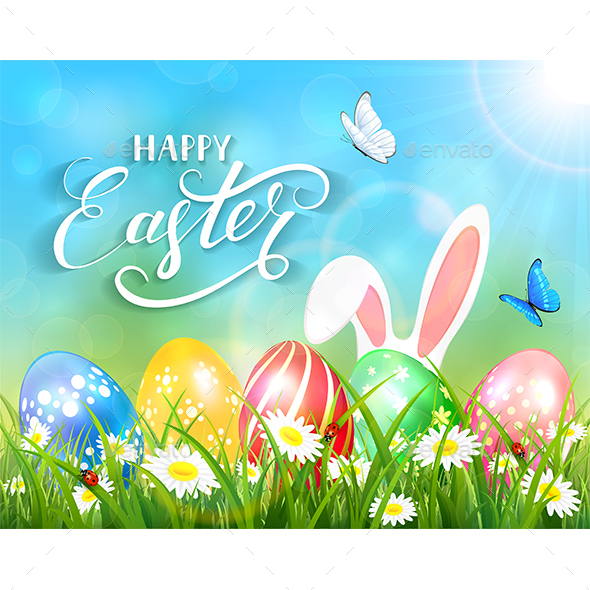 Happy Easter on Blue Background with Bunny and Eggs - Animals Characters