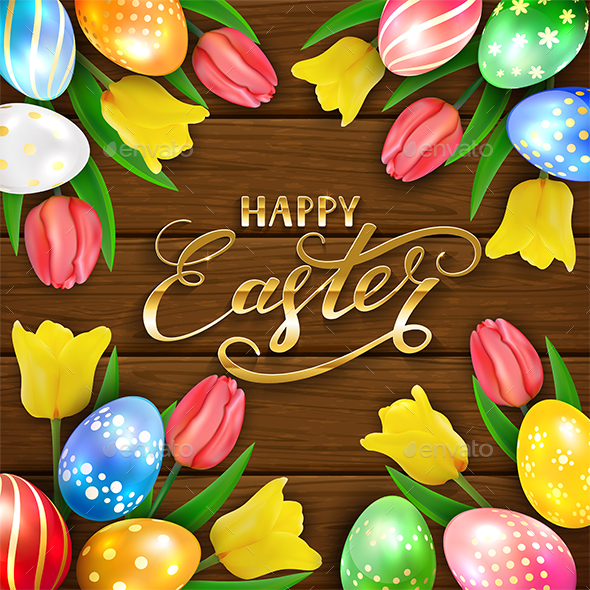 Happy Easter on Brown Wooden Background with Eggs and Tulips - Miscellaneous Seasons/Holidays