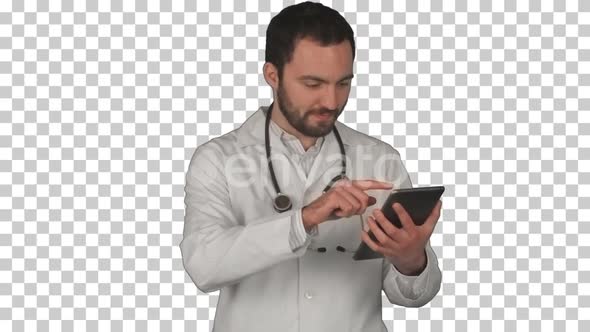 Happy doctor using digital tablet, Alpha Channel