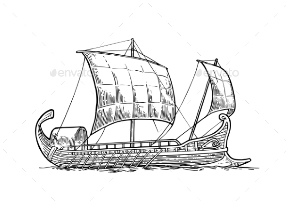 Trireme Floating on the Sea Waves - Travel Conceptual