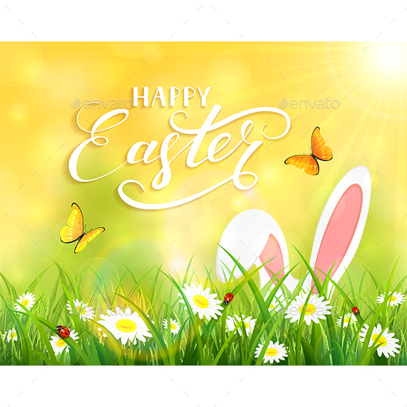 Yellow Background with Easter Bunny in Grass - Animals Characters
