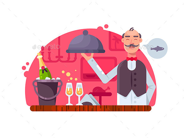 Waiter with Dish Near Table - People Characters