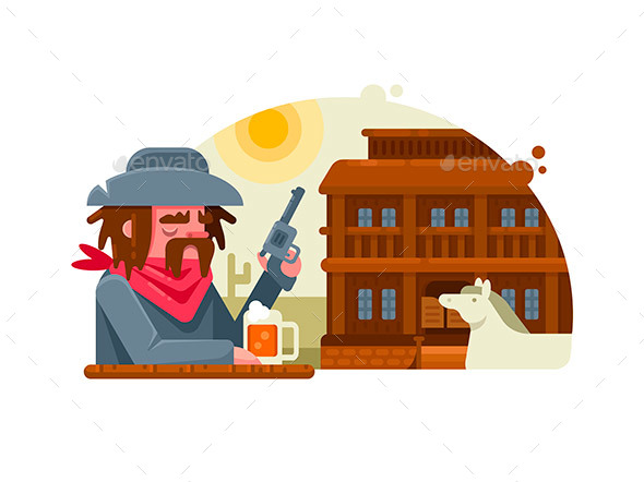 Cowboy with Revolver Drinks Beer in Pub - People Characters